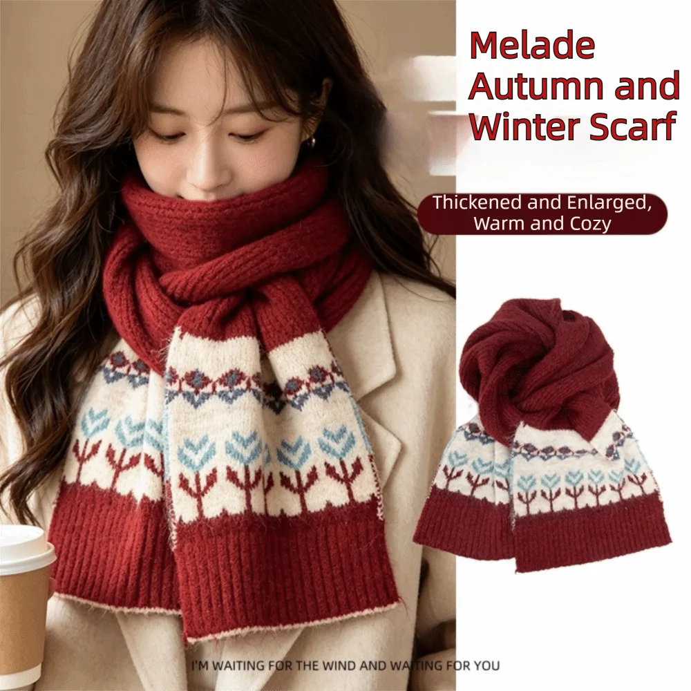 Classic Wool Jacquard Knitted Scarf Thickened Floral Winter Cashmere Scarves Solid Color Plush Fair Isle Style Shawl Women/Men