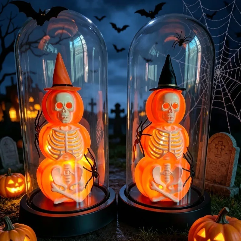 Halloween jack-o-lantern ornaments, skull skeleton decorations, atmosphere scene layout props