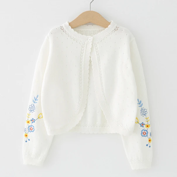 1-11yrs White Children Girls Cardigan Sweater Embroidery 100% Cotton Girls Jaket Coat 2 3 4 6 8 Years Old Kids Clothes RKC185005