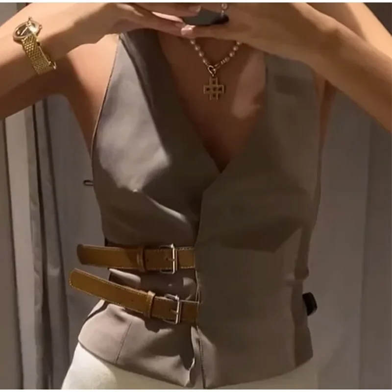 Women Fashion Leather Belts V-neck Halter Vest Elegant Sleeveless Backless Female Tanks Y2k 2024 Spring Summer Lady Waistcoat