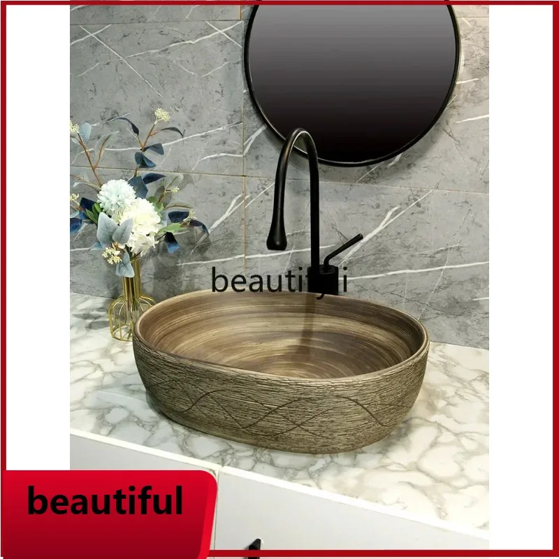 

f156 Ceramic retro countertop basin Wood grain homestay art wash basin Household bathroom wash