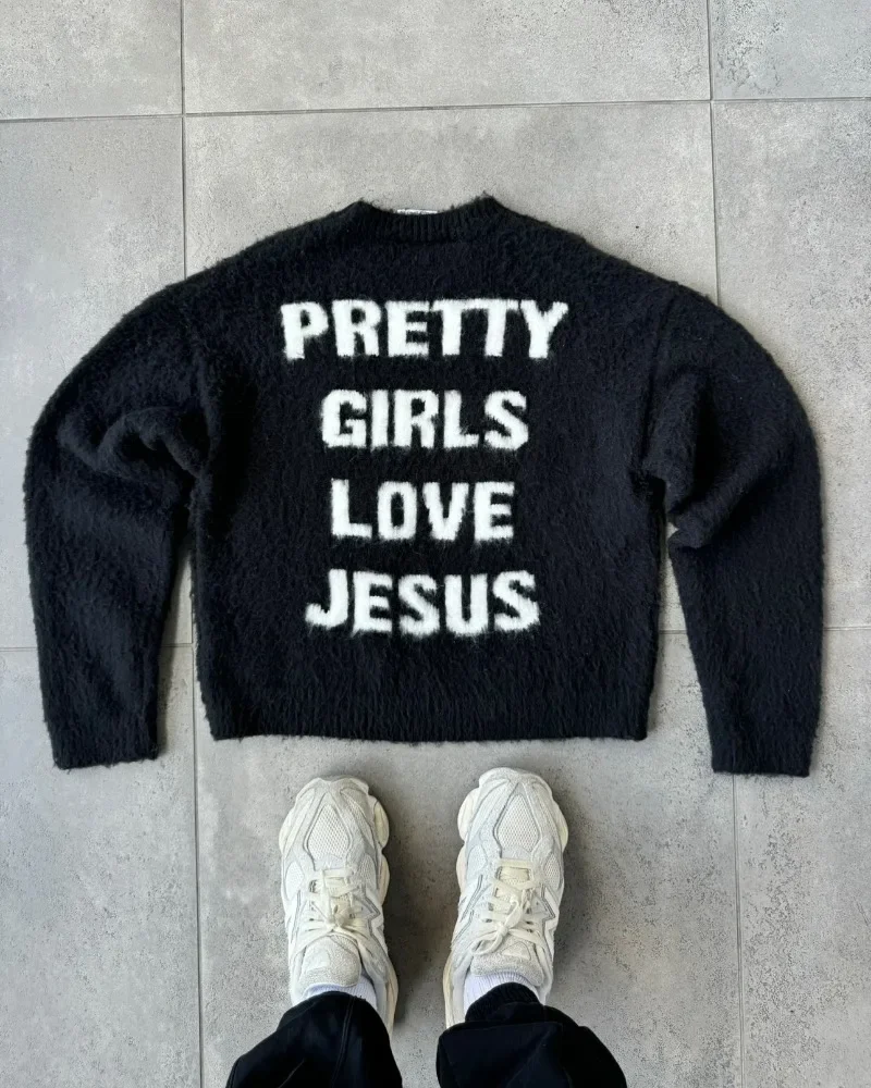 

American High Street Couple sweater men and women winter loose letter design crew-neck knitwear street trend retro pullover