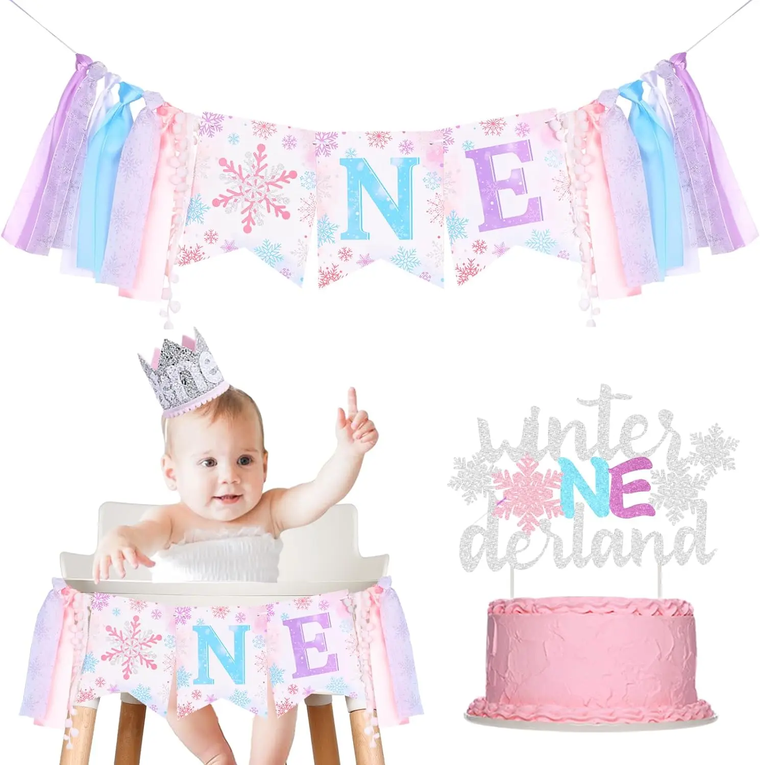 

Winter Onederland 1st Birthday Decor High Chair Banner Cake Topper Snowflake One Crown Hat for Wonderland First Birthday Party