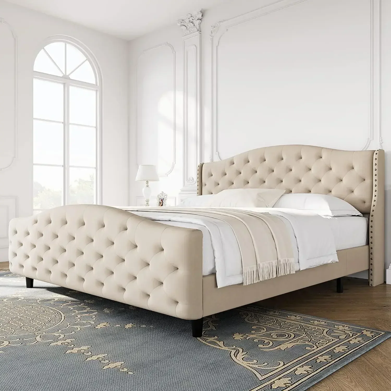 

L1218 Tufted Upholstered Platform Beige King Size Bed Frame w/ Headboard & Footboard, Raised Wing Back Headboard, Mattress Found