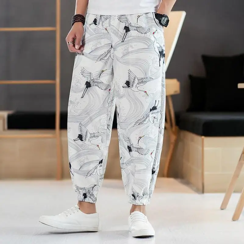 

M-5XL Spring Summer Streetwear Harem Pants Mens Pencil Pants Buckle Casual Chinese Crane Printed Bloomers Fashion Trousers Male