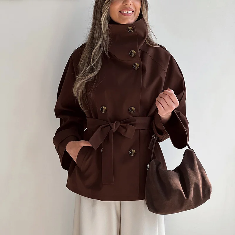 

Women Spring Fall Office Streetwear Trench Vintage High Neck Trench Coats Double Breasted Lace Up Patchwork Slim Jacket