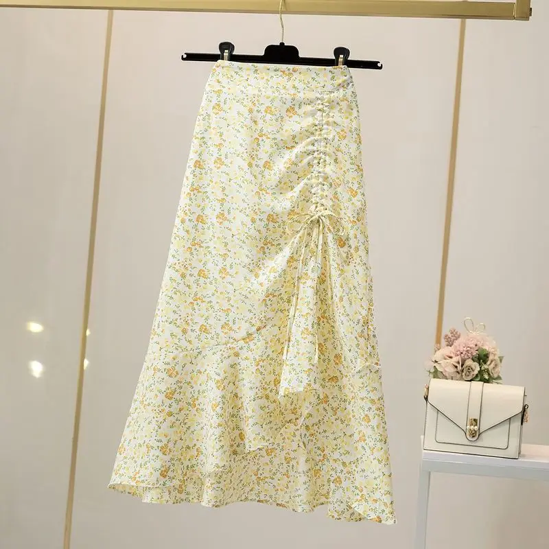 

2024 Cute Chiffon Floral Skirts Women's Clothing Summer Slim Crotch Skirts High Waist Stretch Irregular Fishtail Skirts