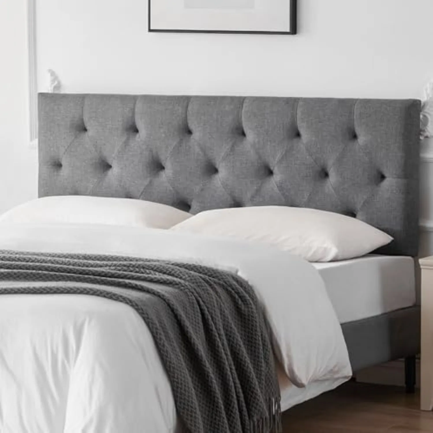 Linen Headboard Queen Size Only, Adjustable Height 37-51 in, Light Gray | Diamond Tufting Solid Wood Queen Headboards