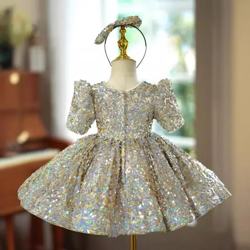 2024 Luxury Sequin Girl Birthday Party Baby Kids Princess Dress Short Sleeved Round Neck High End Ballroom Clothing for Children