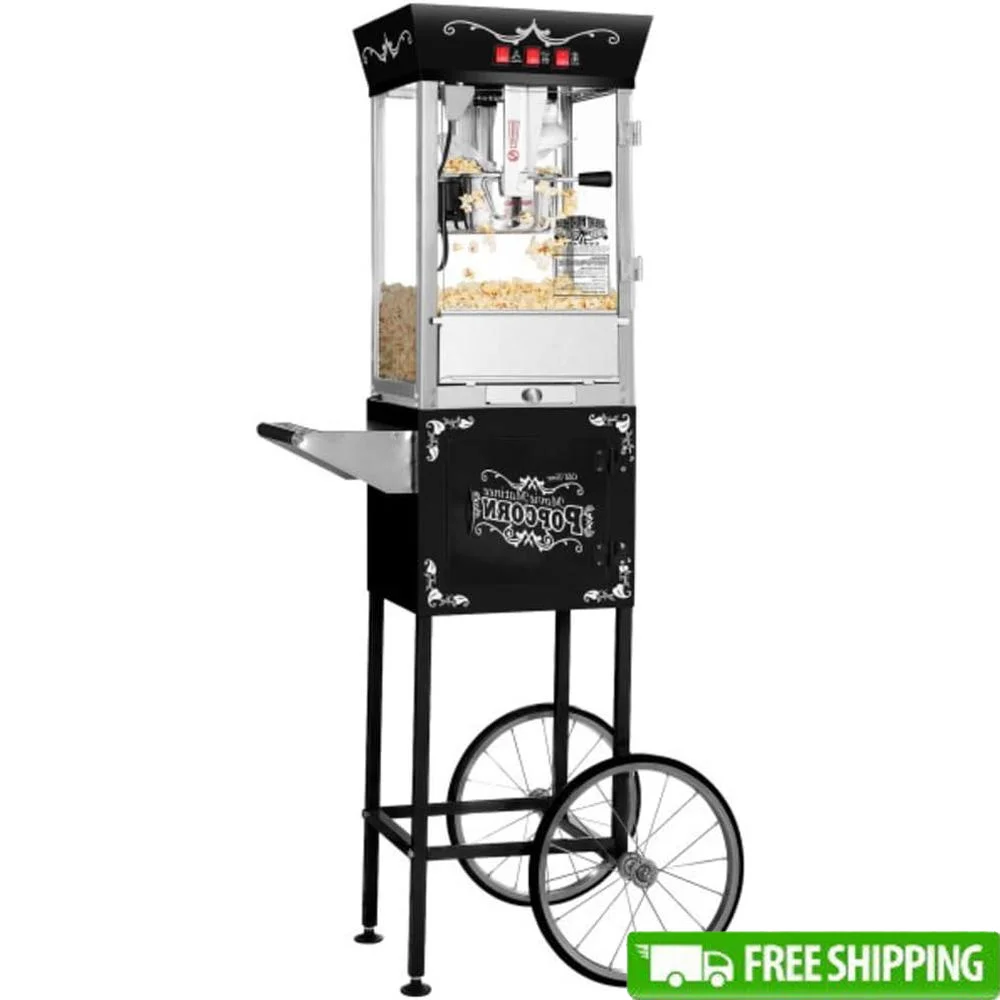 Máquina de palomitas de maíz con carrito, hervidor de acero inoxidable de 8oz, luz de calentamiento, Popper eléctrico portátil para fiestas, noches de películas, soporte para palomitas de maíz