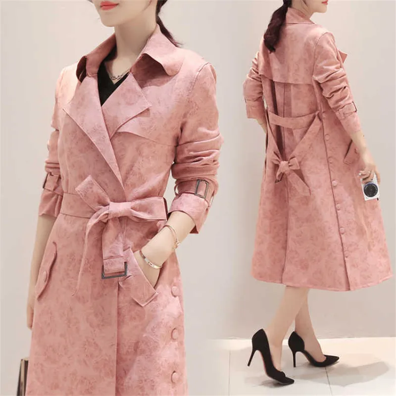 Nice primavera outono camurça trench coat feminino casual com faixas oversize blusão feminino rosa outerwear moda casaco longo p551