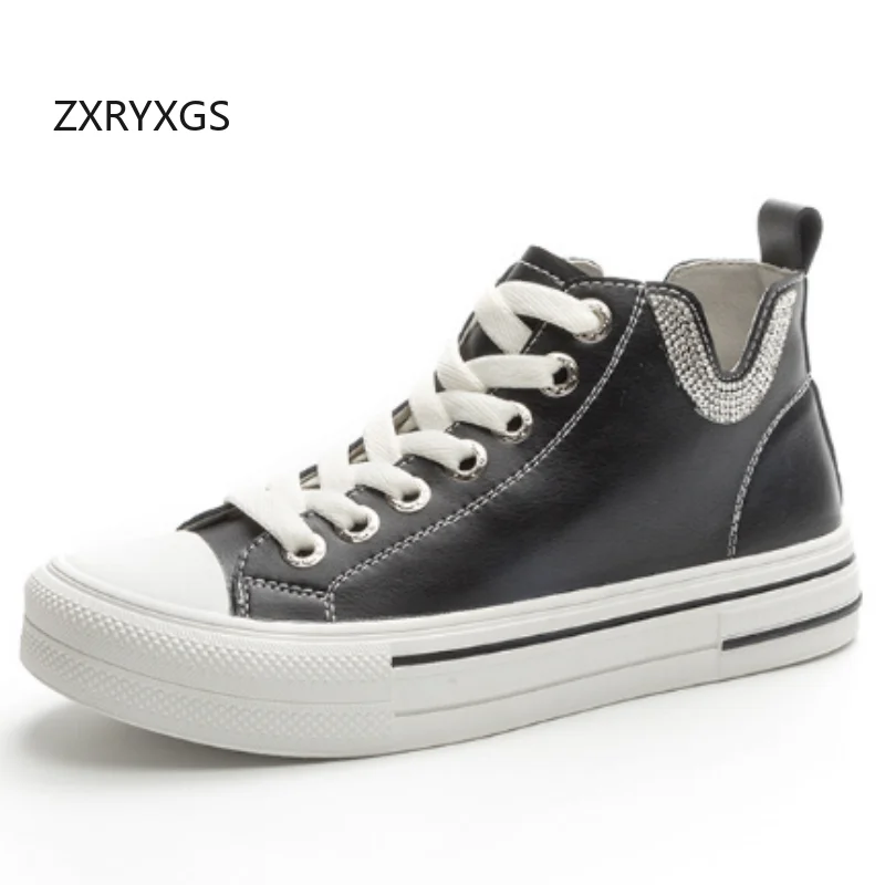 

ZXRYXGS/2020 осенние туфли из натуральной кожи со стразами на шнуровке, высокие кроссовки, модные ботинки, женская дорожная обувь большого размера на плоской подошве