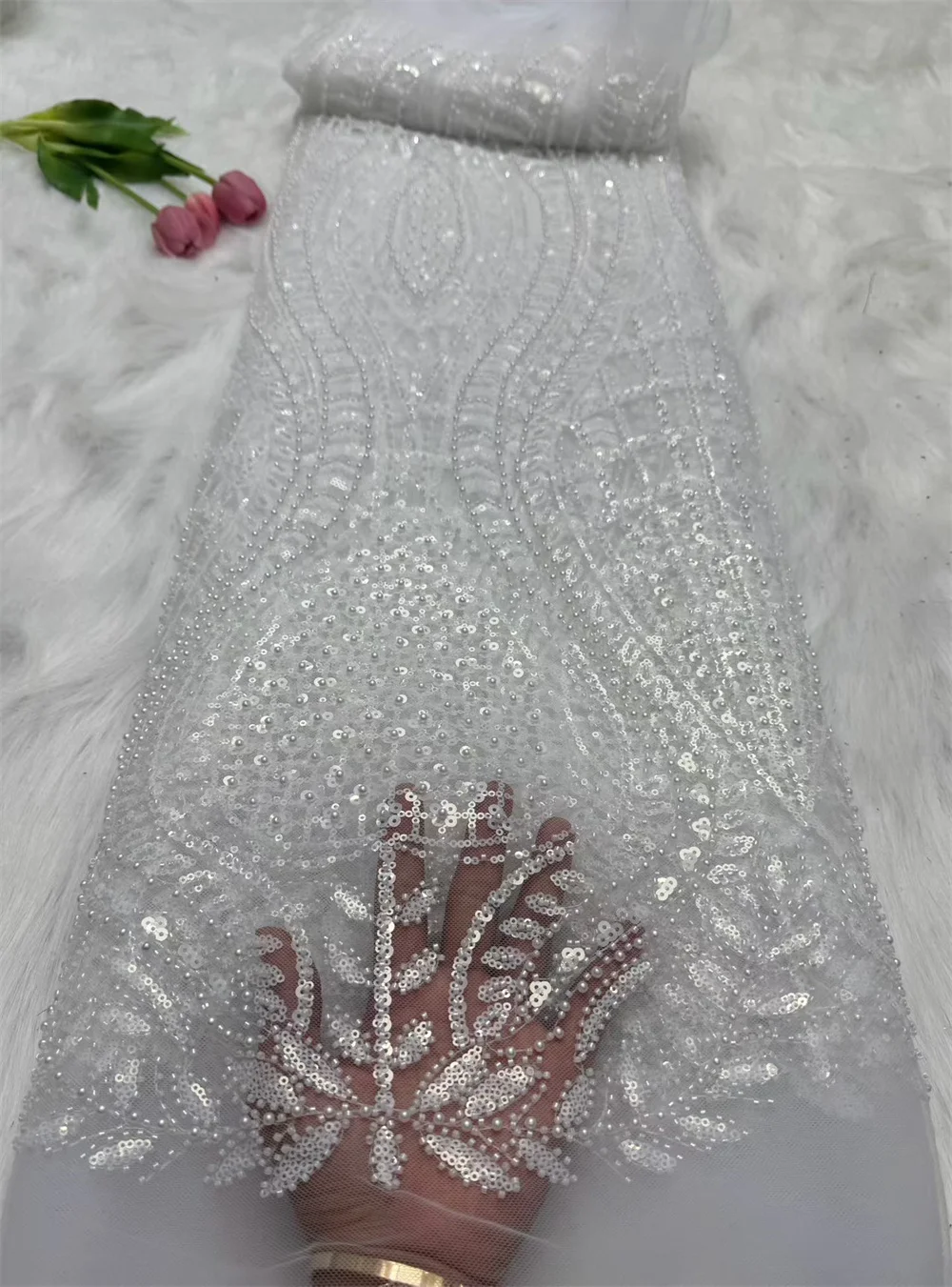 

White Hot Sale Handmade Embroidery Net Lace Beads Sequins Fabric For Women Party Evening Dress Africa Design,High Quality Hm45-1