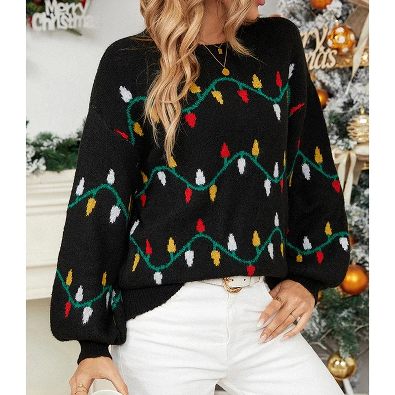 Women Casual Streetwear Jacquard Sweet Christmas Party Knitted Sweater Trendy O Neck Long Sleeve Loose Pullover Tops Y2K Jumpers