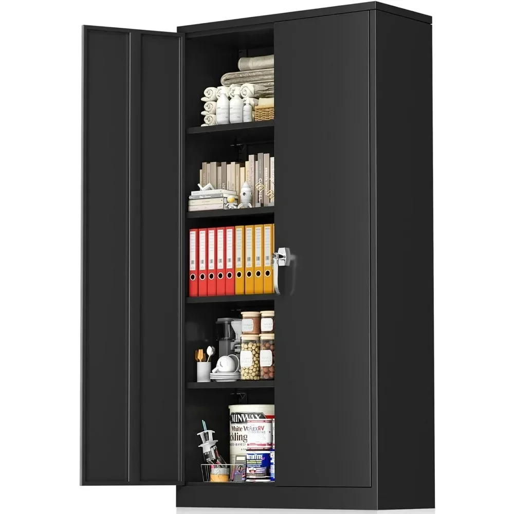 Black Storage Cabinet Black Garage Steel Locking Cabinet with Doors and 4 Adjustable Shelves, Tall Lockable File Tool Cabin