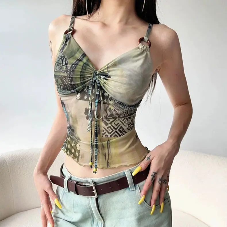 Kimotimo Vintage Graphic Print Mesh Camis Vest Women V Neck Bandage Slim Sheer Crop Top Summer Street Spicy Girl Y2k Goth Tanks