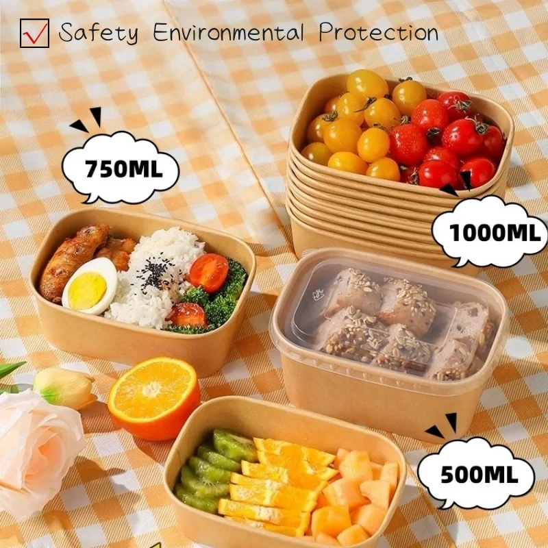 Cuenco de papel Kraft con tapa, fiambrera desechable para llevar, ensaladera, contenedor de alimentos desechable, herramientas de cocina, 10/20 piezas