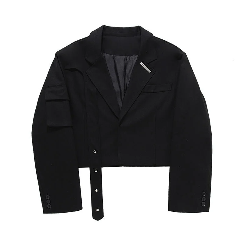 Streetwear Men's Fashion Short Suit Coat Chic Niche Blazk Jacket Ribbon Design Long Sleeve Single Button Clothes 2Y2237