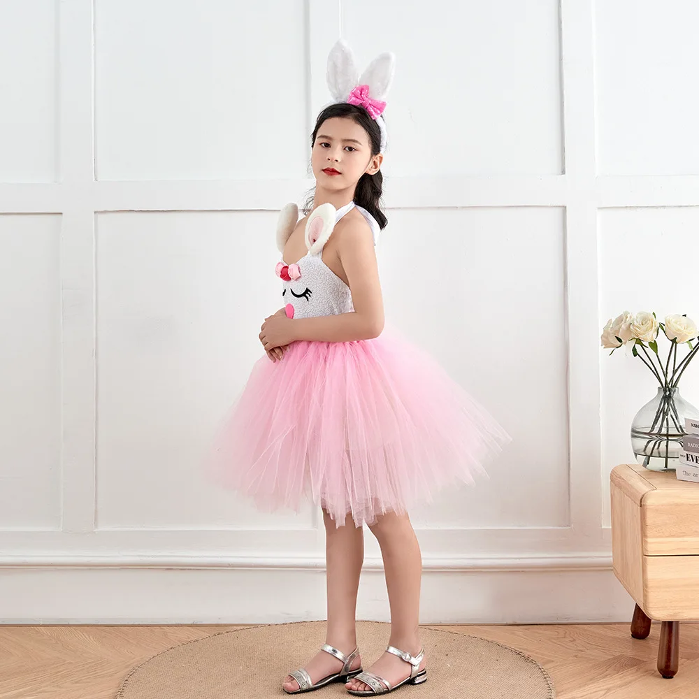 New Children Soft Sequin Cartoon Cute Bunny Printed Princess Tulle Tutu Dress For Girls Holiday Birthday Party Role Up Fancy Set