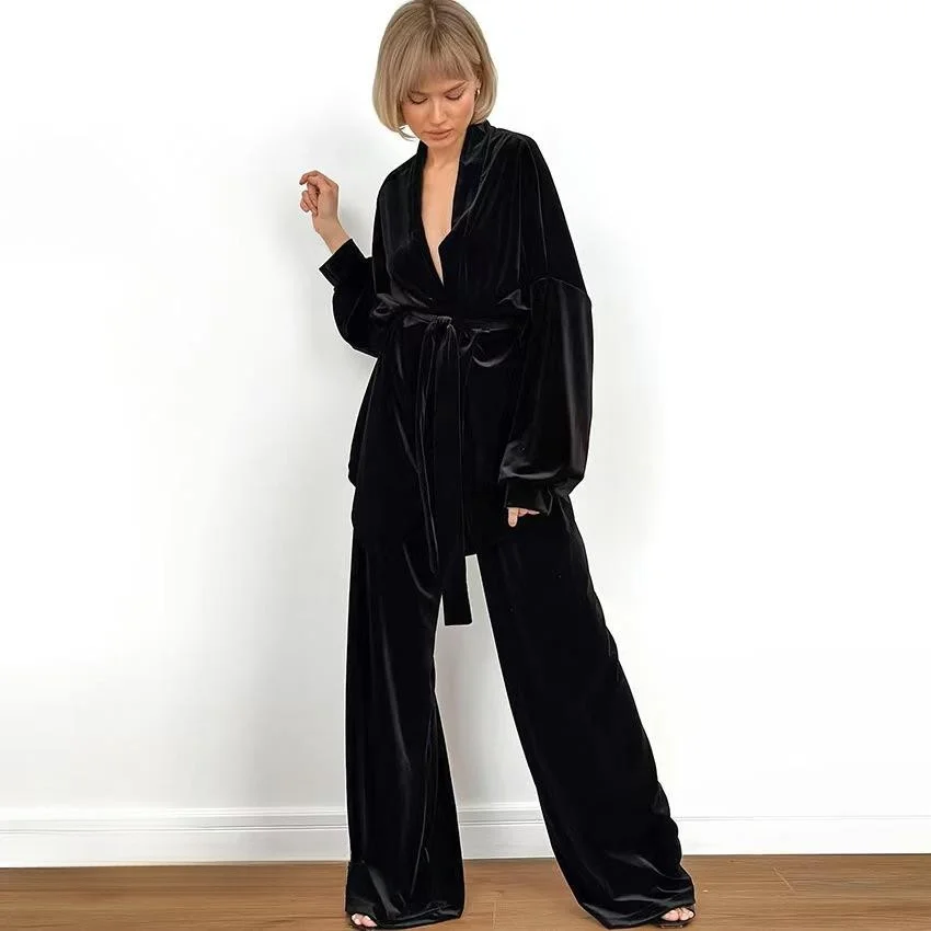 

Velvet Long Sve Open Cardigan And Pants Set Home Clothes Women's Casual Sle Long Pants V-ne Home Clothes Set