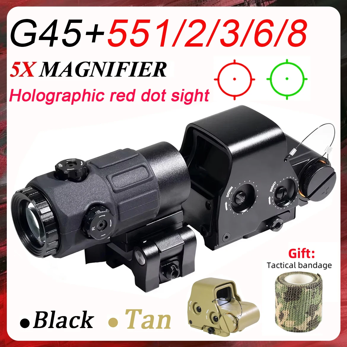 Tactical G45 5X HD Magnifier Folding Side Flip 558/2/3/6/1 Holographic Reflex Red Dot Sights RifleAirsoft Accessory Fit 20mmRail