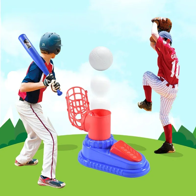 2 Types Baseball Set with Ball Launcher, Foot Step and Manual Press Pitching Machine Outdoor Interactive Sports with Bat & Balls