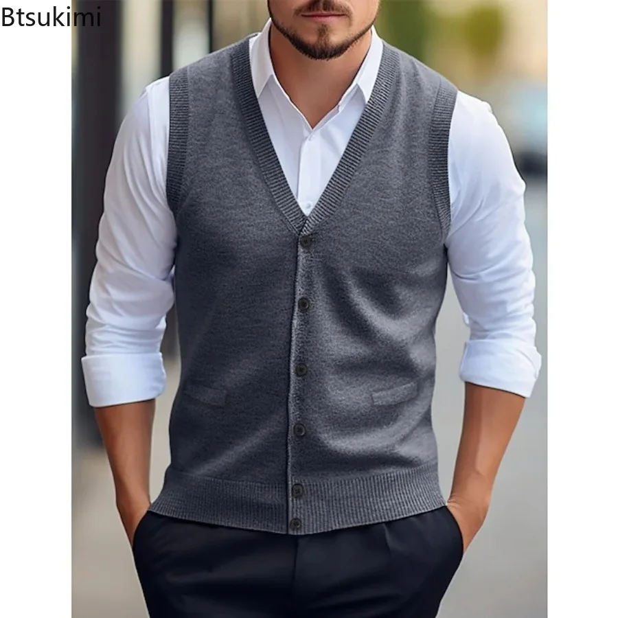 

New Men's Autumn Winter Knit Sweater Vest Fashion Solid V-neck Button-up Knitted Wool Cardigan Tops Business Casual Men Clothing