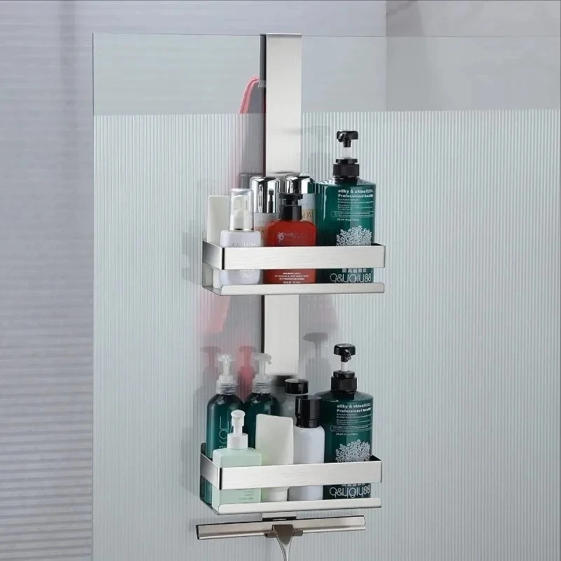 Bathroom Storage Shelves Stainless Steel Thickened Double-deck Waterproof Shower Door Hanging Baskets Bathroom Supplies