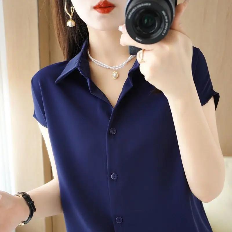 Summer New Short Sleeve Solid Color Blouse Polo Neck All-match Button Thin Office Shirt Tops Elegant Fashion Women Clothing