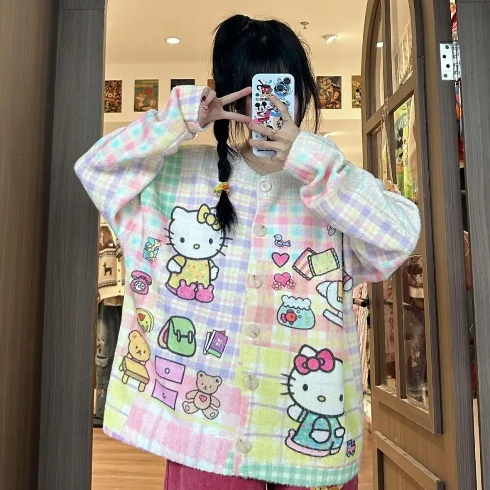 

Sanrio Anime Sweater Coat Hello Kitty Kawaii Autumn Winter Cartoon Cardigan Knitting Sweater Long Sleeve Girls Tops Loose Sweet