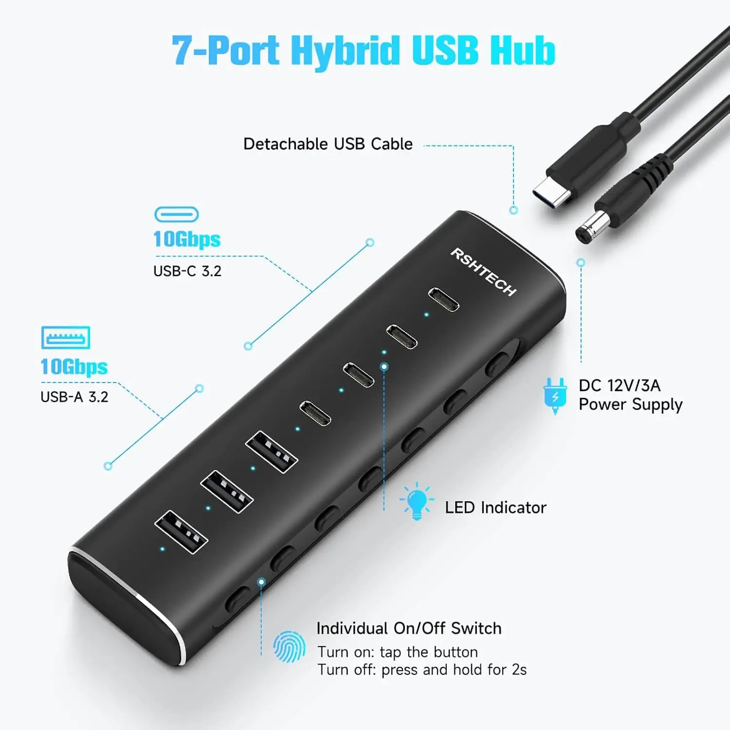RSHTECH 7 Ports Powered 10Gbps USB C Hub with Individual Touch Switches 12V/3A Power Adapter Aluminum USB Splitter for Laptop PC