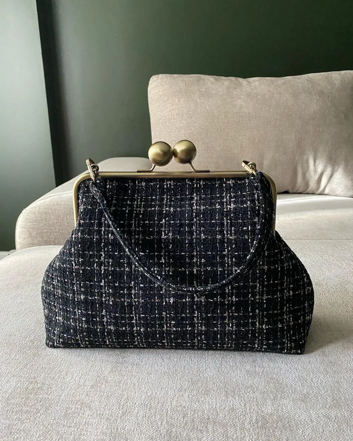 Lost In Vintage Black Tweed Fabric Purse Multiple Ways Handbag or Shoulder Bag Metal Frame Kiss Lock Evening Clutch 33x25x10cm view 6