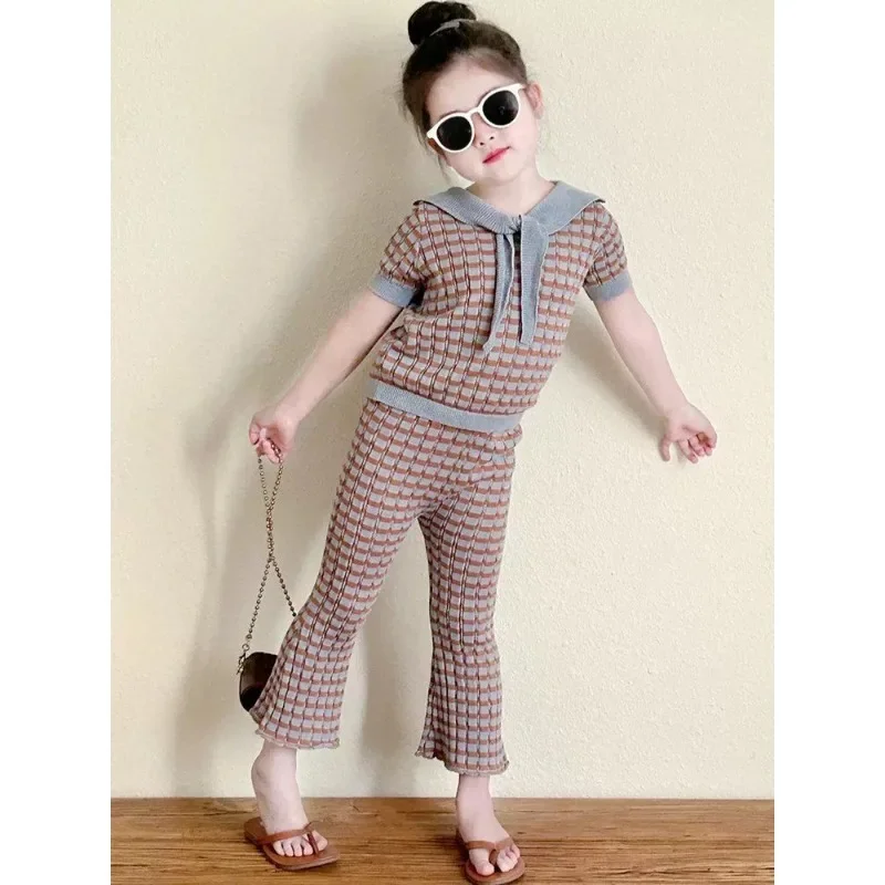 

Baby Shorts Set Korean 2025 Summer New Thin Knitted Girls' Tie Hollowed Out Top, Flared Pants Two-piece Set