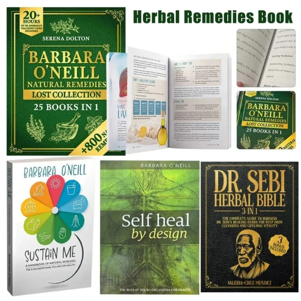

4 Book Dr. Sebi Herbal Bible 3-in-1/Sustain Me Natural Remedies/Self Heal By Design Home Apothecary Herbal Remedies Book