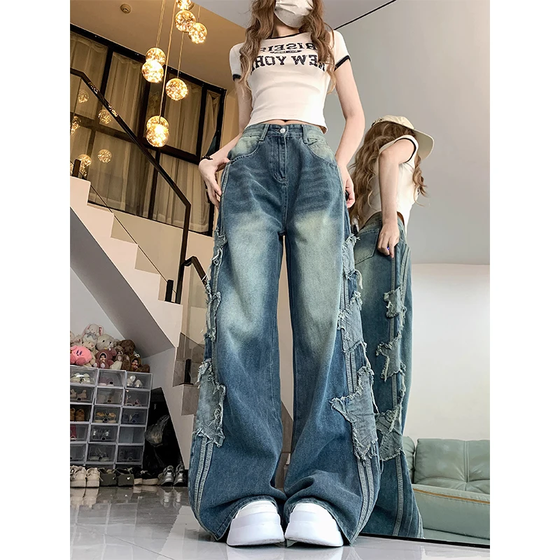 Wanita Vintage 90s estetika tinggi pinggang bintang Jeans Fashion Denim celana Korea lebar kaki koboi Y2K celana pakaian Trashy