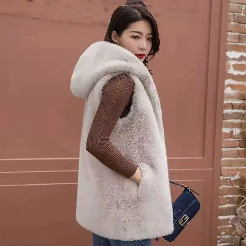 Women Medium Long Styles Fur Vest Jacket Lady Hooded Plush Sleeveless Outwear Autumn Winter Female Faux Fur Waistcoat Coat