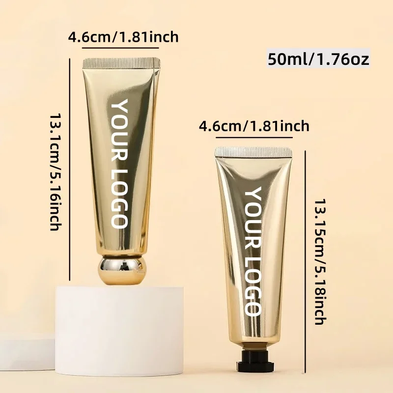 

30 шт., 50 мл, золотая алюминиевая трубка, многоразовая сжимаемая трубка с настройкой логотипа, для косметического бренда, обслуживание красоты своими руками