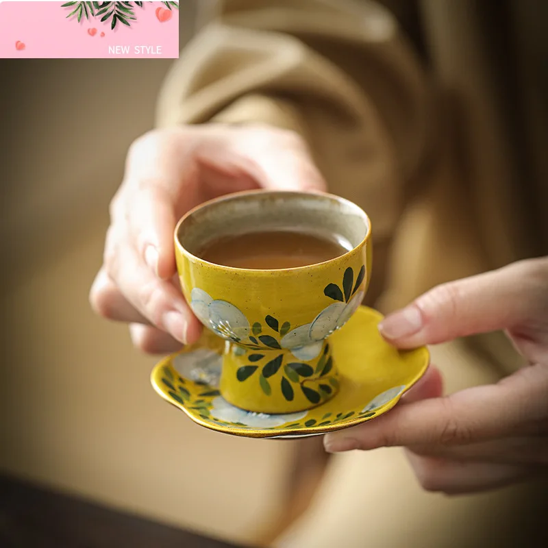 

60ml Hand-painted Camellia Flower Tea Cup Single Cushion Women's High Feet Master Cup Underglaze Color Tasting Cup Mug Drinkware