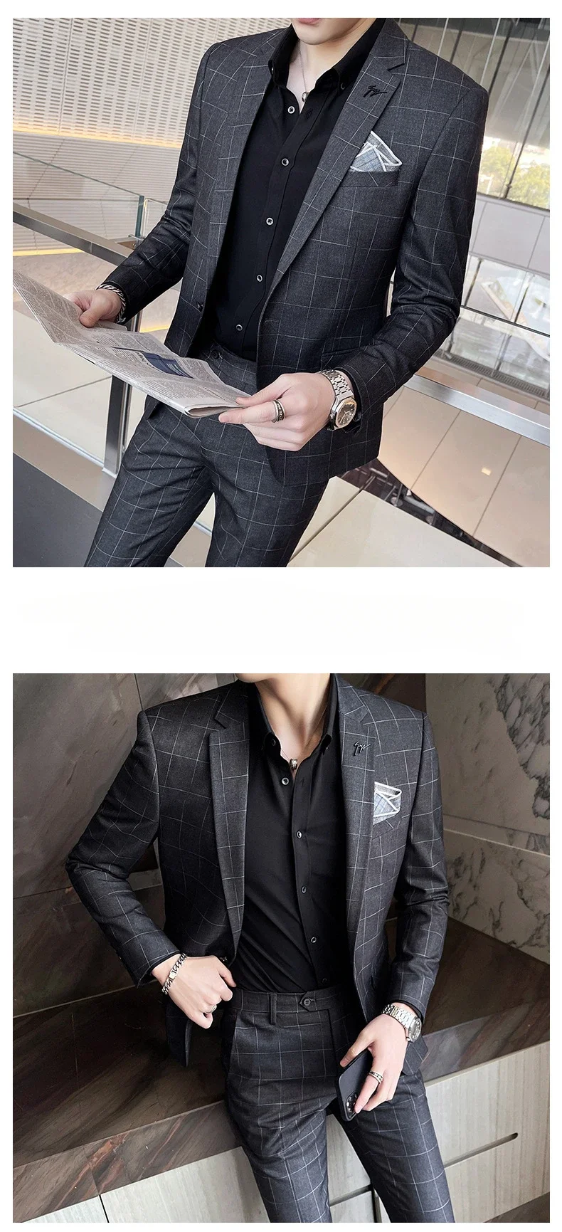 Wedding Suit for Men Plaid Slim Men\'s Two-piece Set Business Formal Korean Blazer Pants Groom Dress Party Costume Homme