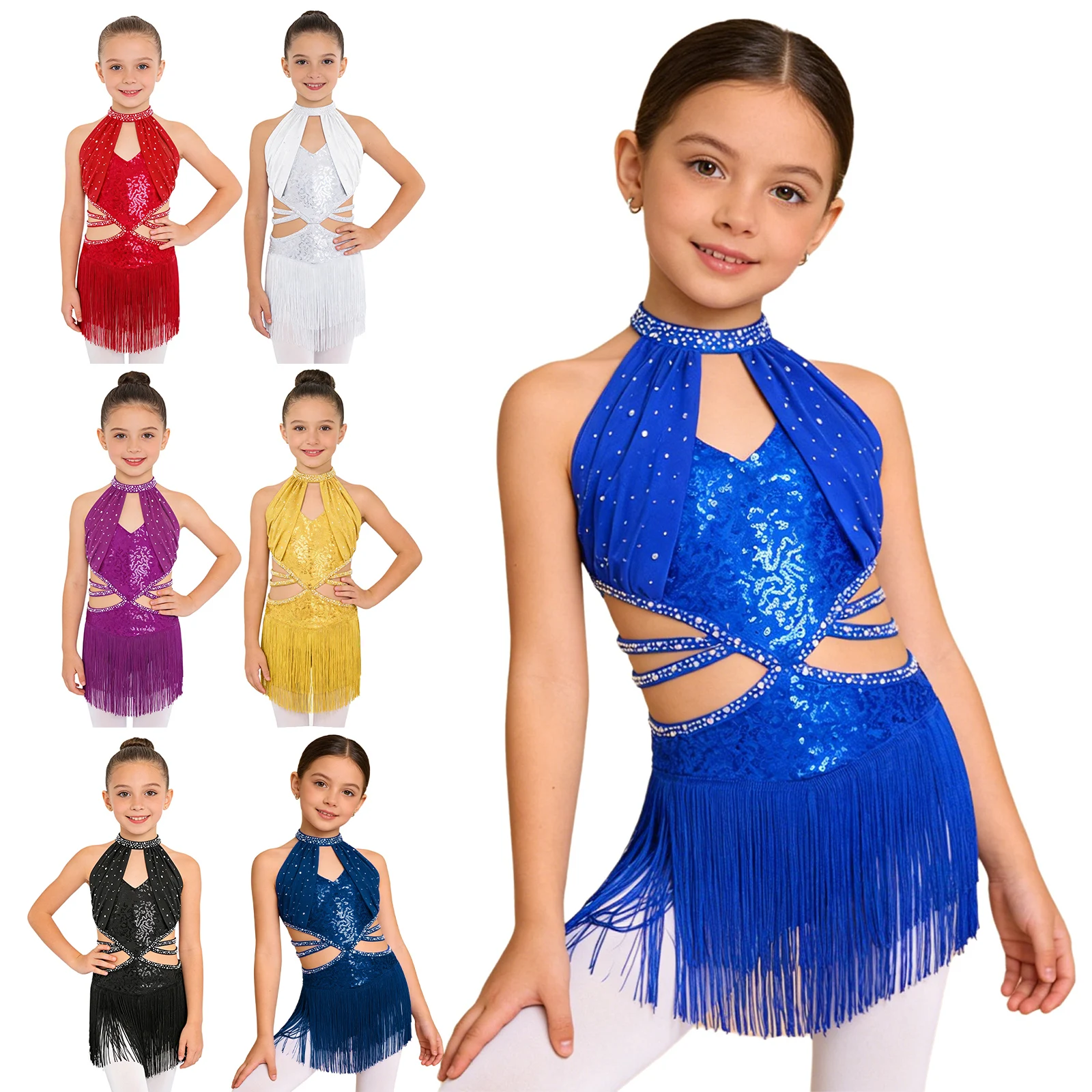Kid Girls Glittery Sequined Latin Dance Dress Salsa Jazz Tango Dance Sleeveless Ruched Mesh Overlay Bodice Tassel Leotards Dress image 5
