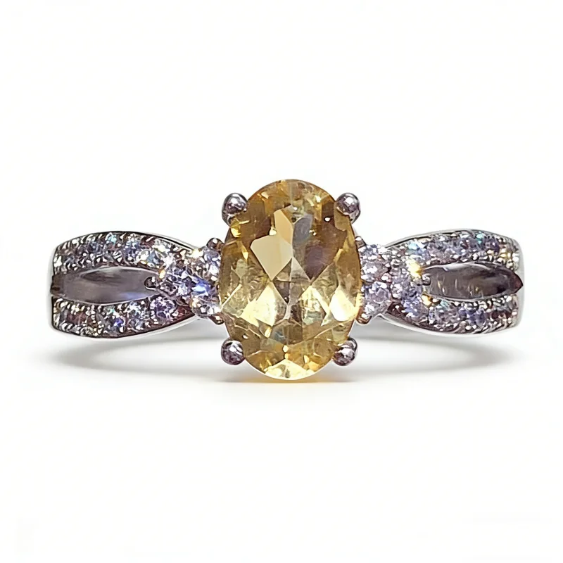 

Elegant Pave Band Natural Citrine Ring 5x7mm S925 Silver Engagement Style Jewelry