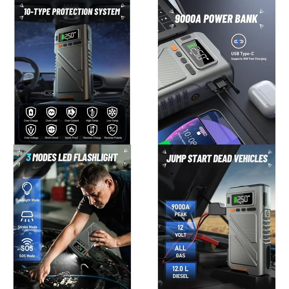 

9000A Стартер с воздушным компрессором, автомобильное зарядное устройство Портативный блок для автомобиля с накачивателем шин 150PSI, блок питания Jumpstart 12