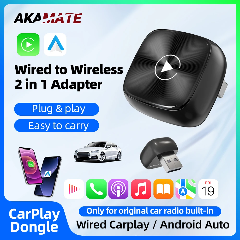 

Беспроводной адаптер CarPlay для проводного к беспроводному адаптеру CarPlay Android Auto Plug and Play 2 в 1, автомобильные аксессуары, универсальный ключ