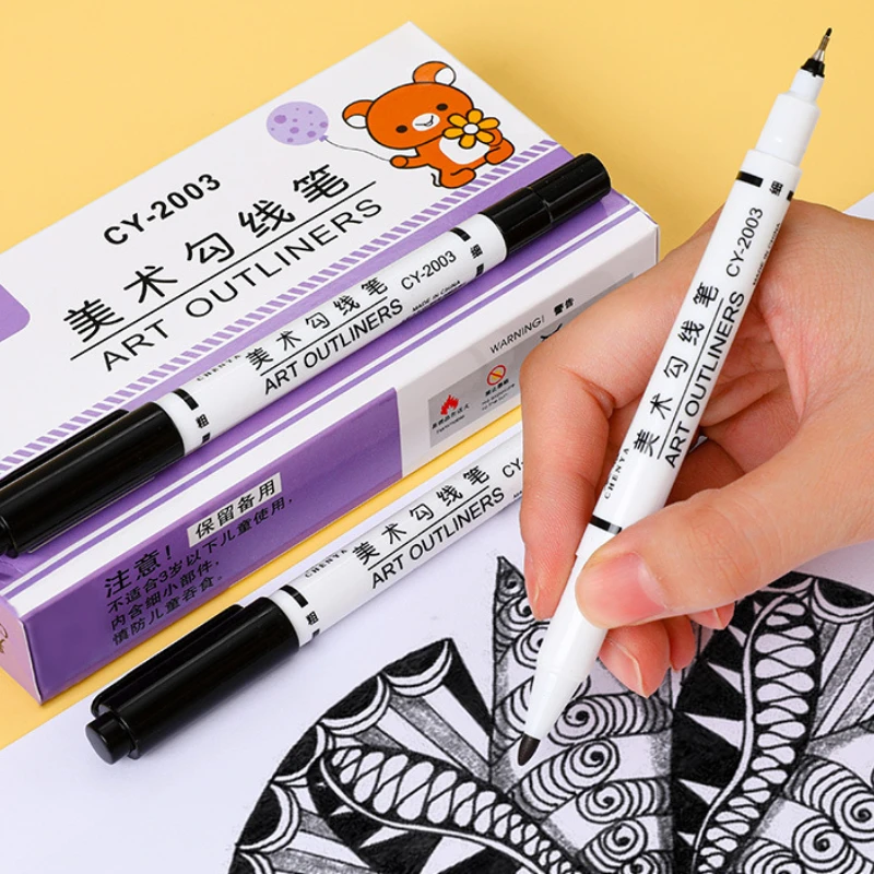 12pcs Art Outlining Pen CD Marker Oil-based  Dual Tip Marker Sketching Painting Markers Sign Pen Black Fine Line Waterproof