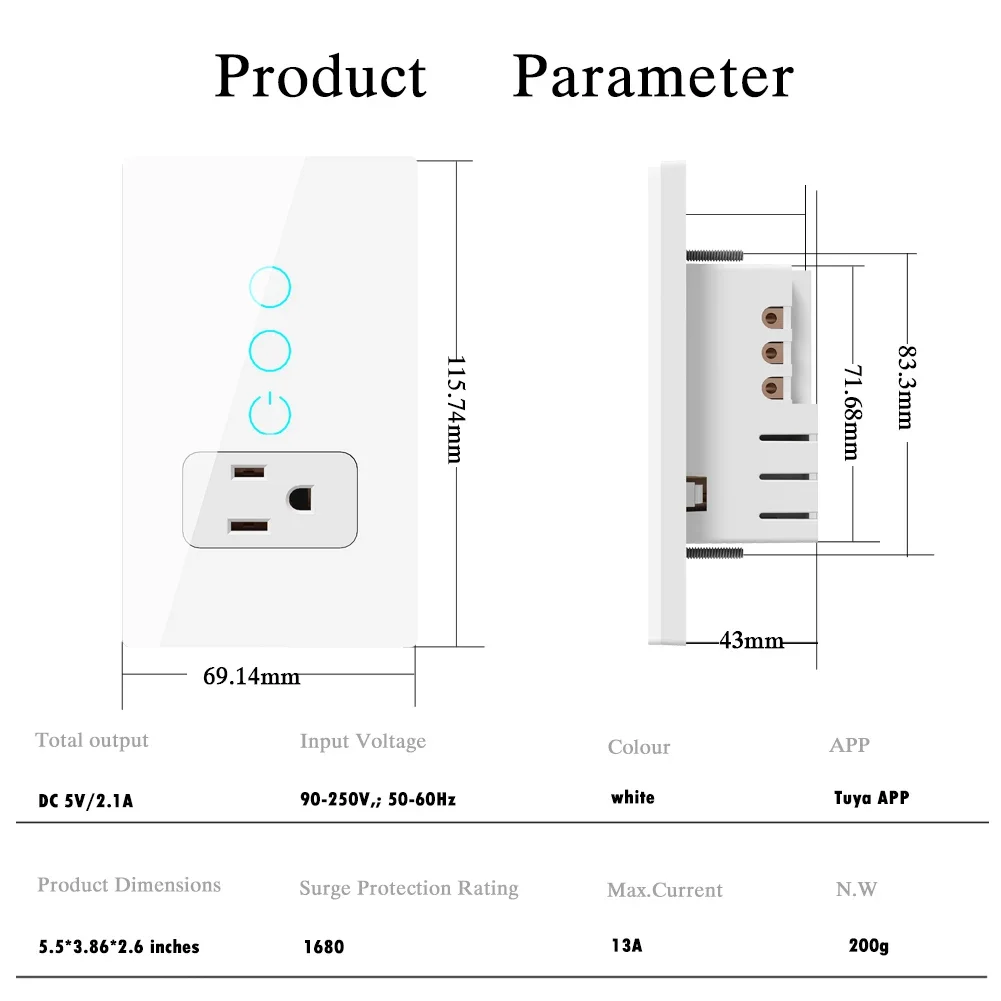 Light Switch US Plug Wall Socket Mexico Wifi Smart Tuya Outlet Touch Intelligent Rectangle Glass Panel Remote Alexa Google Home