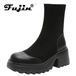 Fujin 7cm skarpety Spandex na buty na koturnie botki moda kobieta wiosna jesień botki z elastycznej tkaniny buty botas de mujer