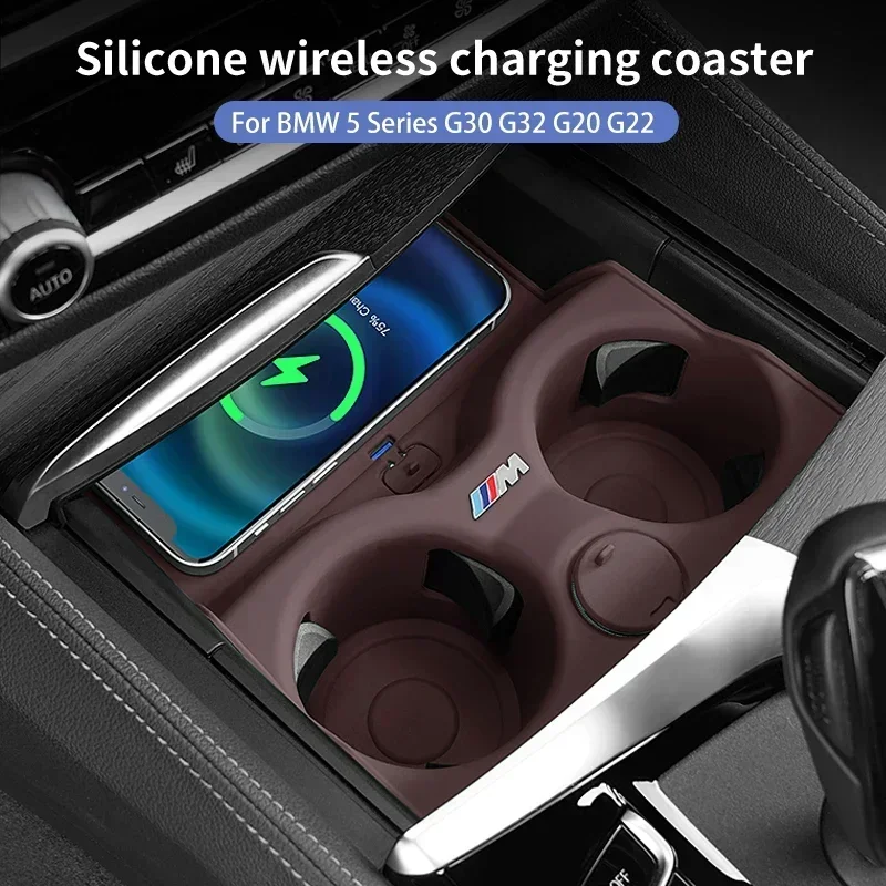 -Silikon-Auto-Getränkehalter-Untersetzer, zentrale Steuerung, kabelloses Ladepad für BMW 3 5er G30 G32 6GT X3 X4 ix3 G01 G02 G22 G20