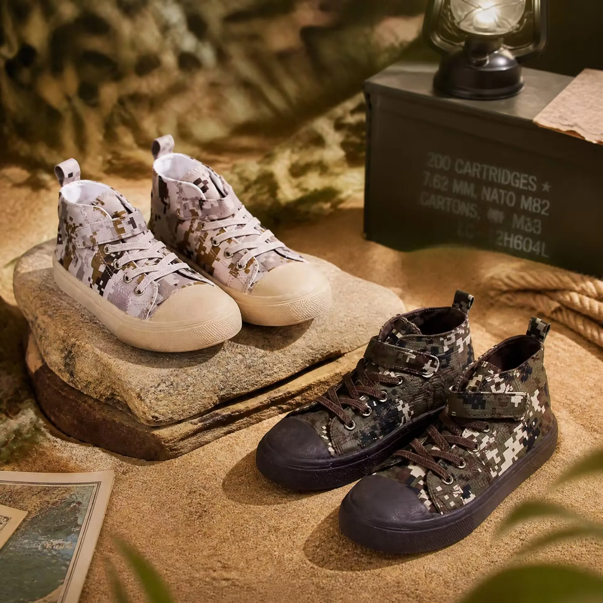 Children's High-Top Canvas Shoes Spring and Autumn Style Girls' Retro Casual Sneakers for Older Kids Breathable Velcro Children