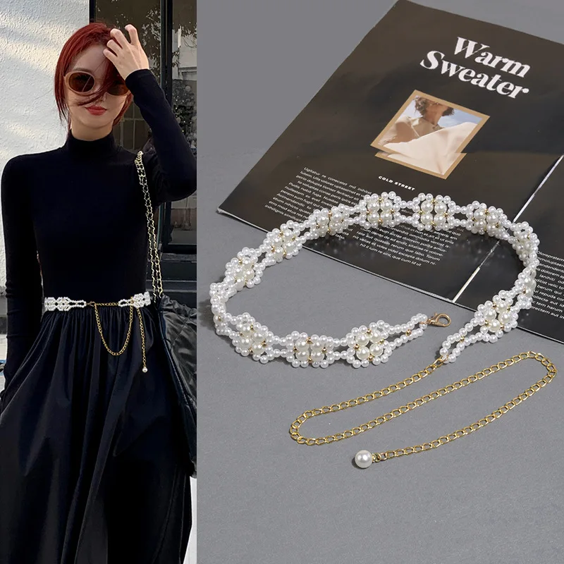 

Elegance Fashionable Korean-style Simple Metal Pearl Waist Chain Women Paired with Dress and Sweater Woven Waist Belt for Women