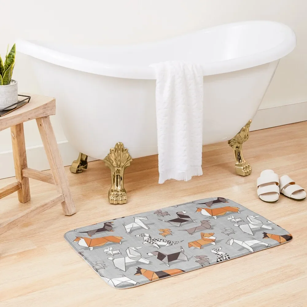 

Origami doggie friends // grey linen texture background Bath Mat Rug Foot Bathroom Carpet Set Mat
